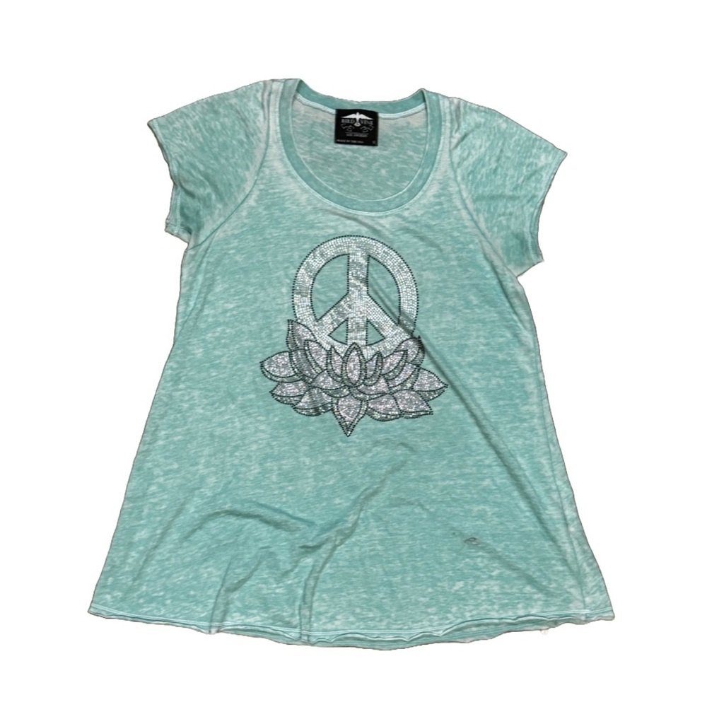 Bird & Vine Teal Graphic T-Shirt with Peace Symbol and Lotus Flower